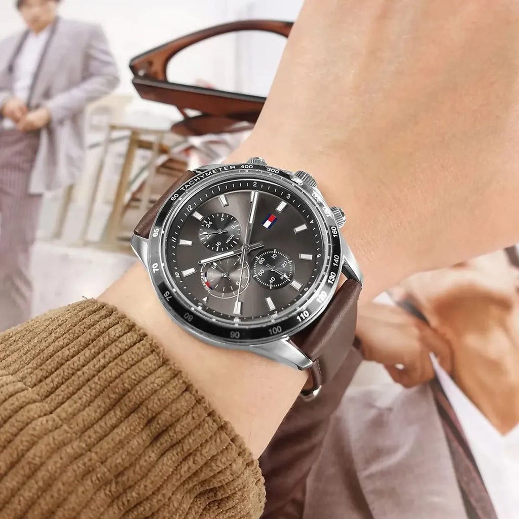 Tommy Hilfiger Miles 1792015 Silver Case Gray Dial Brown Leather Men's Watch