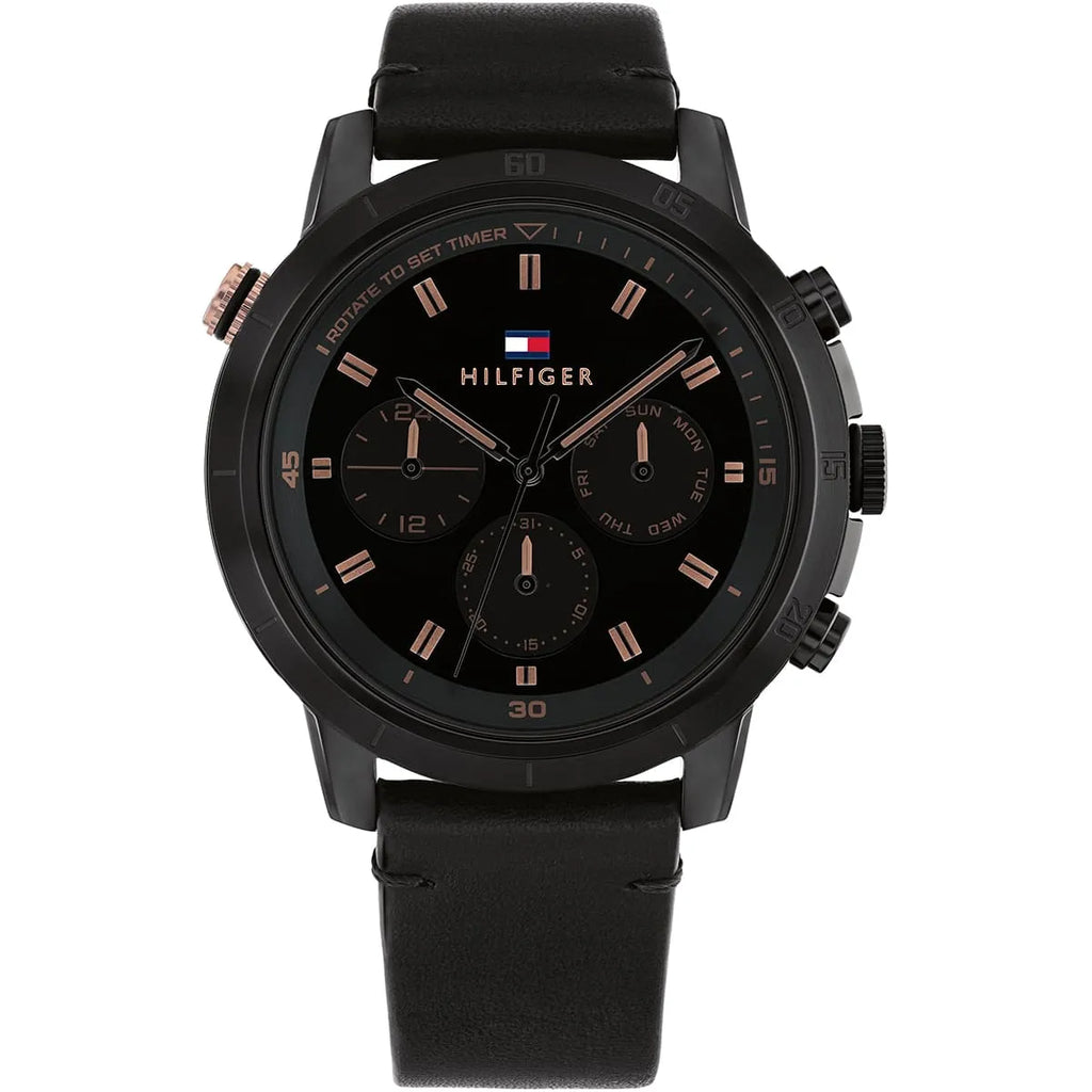 Tommy Hilfiger Troy 1792110 Multi-Function Black Dial Men's Black Leather Watch