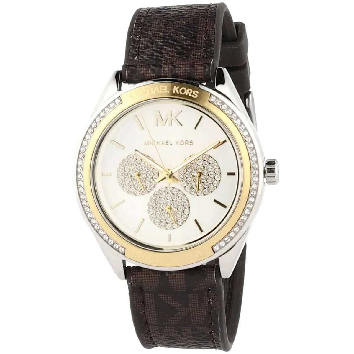 Michael Kors Jessa MK7205 Two-Tone Crystal White Dial Brown Logo Rubber Women's Watch