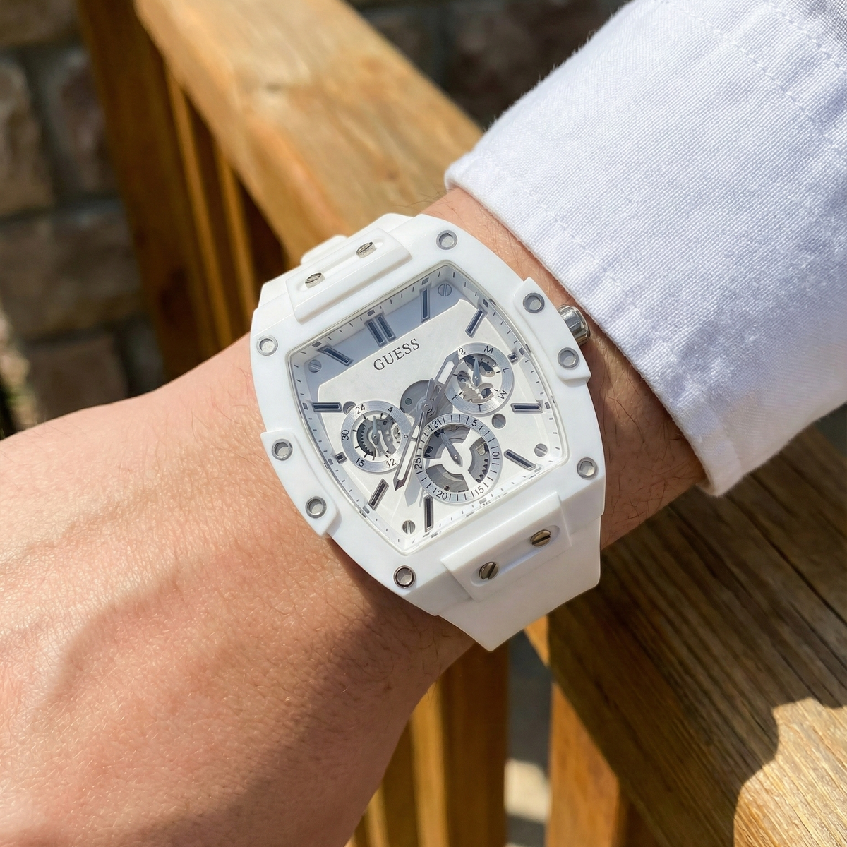 Guess Phoenix GW0203G2 White Rubber Case Skeleton Dial Rubber Strap Men's Watch