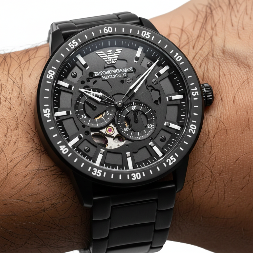 Emporio Armani Mario AR60054 Meccanico Automatic Skeleton All-Black Watch