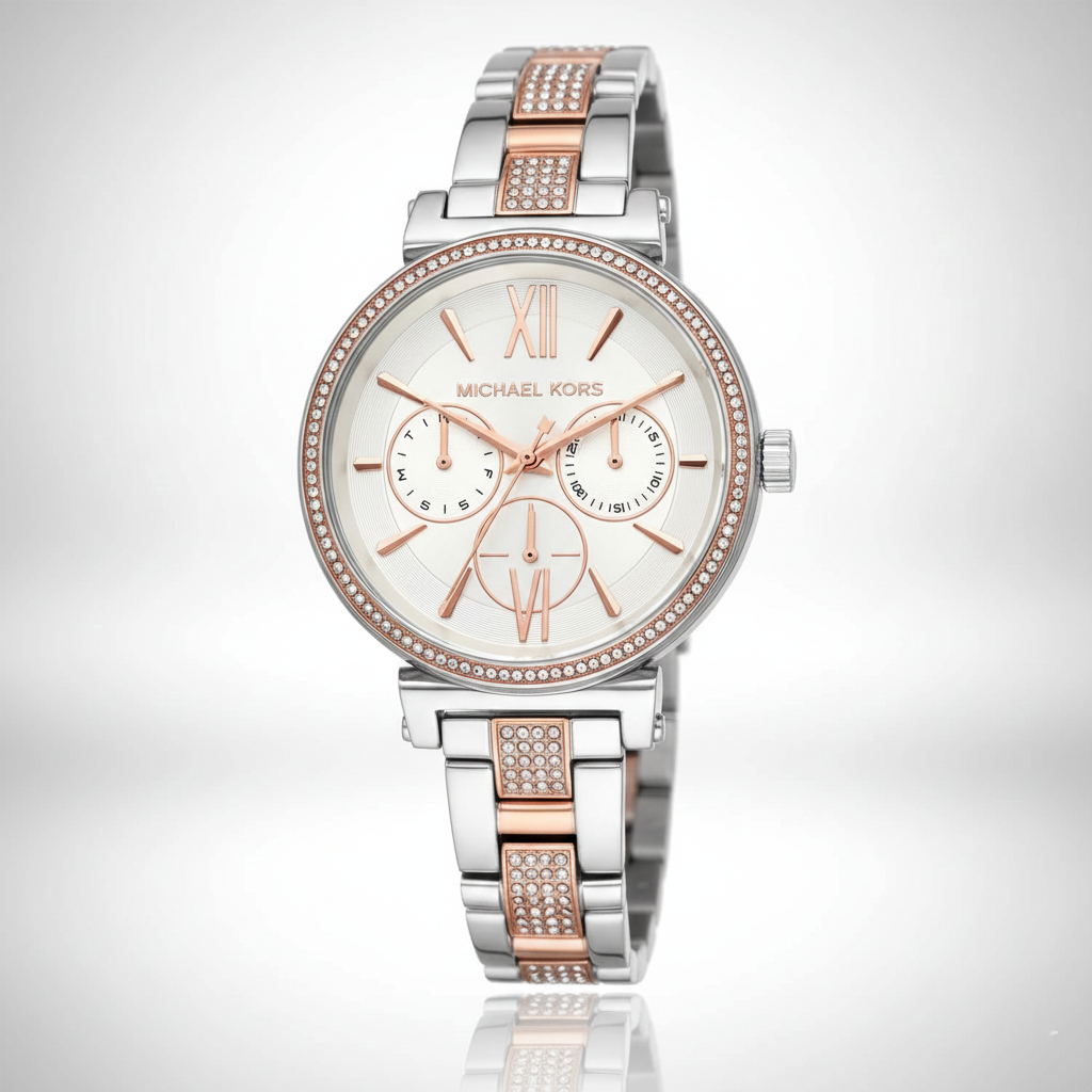 Michael Kors MK4353 Sofie Women’s Silver Rose Gold Chronograph Crystal Watch