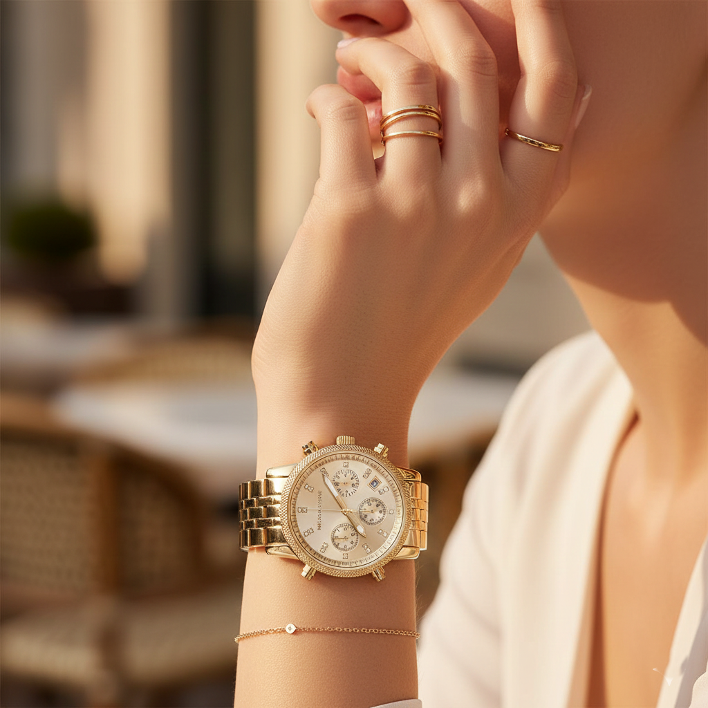Michael Kors MK5676 Women’s Gold-Tone Crystal Ritz Chronograph Watch