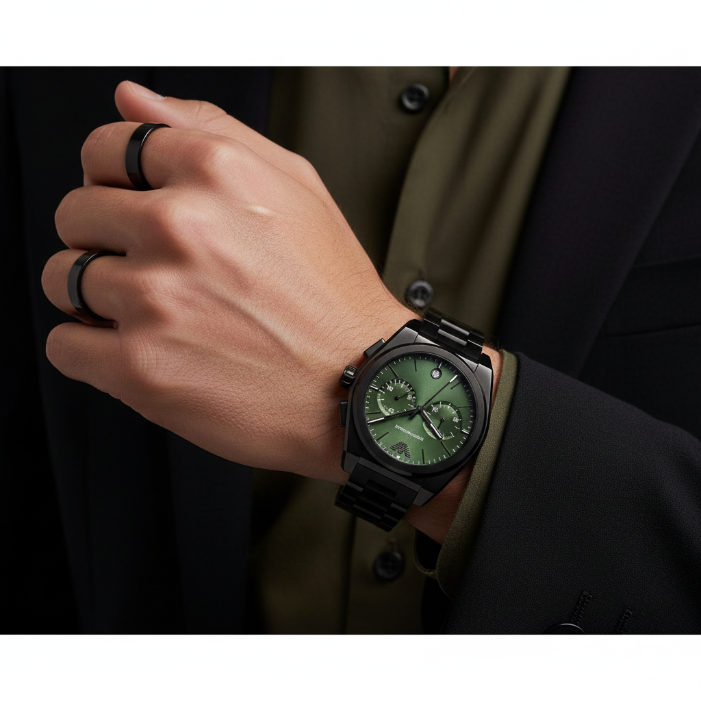 Emporio Armani AR11562 Men’s Green Dial Black Stainless Steel Federico Chronograph Watch