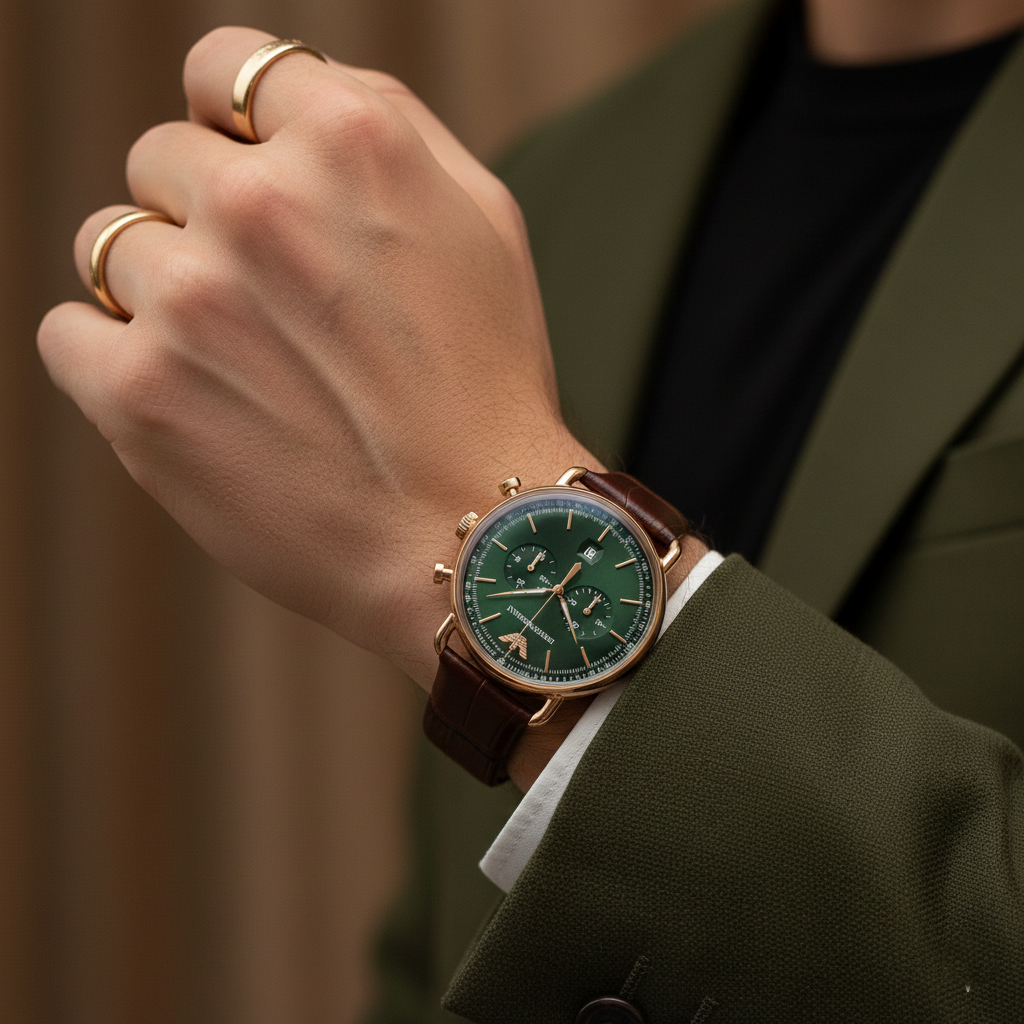 Emporio Armani AR11334 Men’s Green Dial Brown Leather Aviator Chronograph Watch