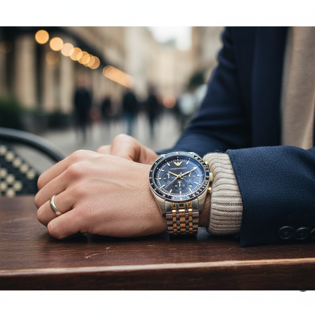 Emporio Armani AR6088 Men’s Blue Dial Two-Tone Stainless Steel Chronograph Watch