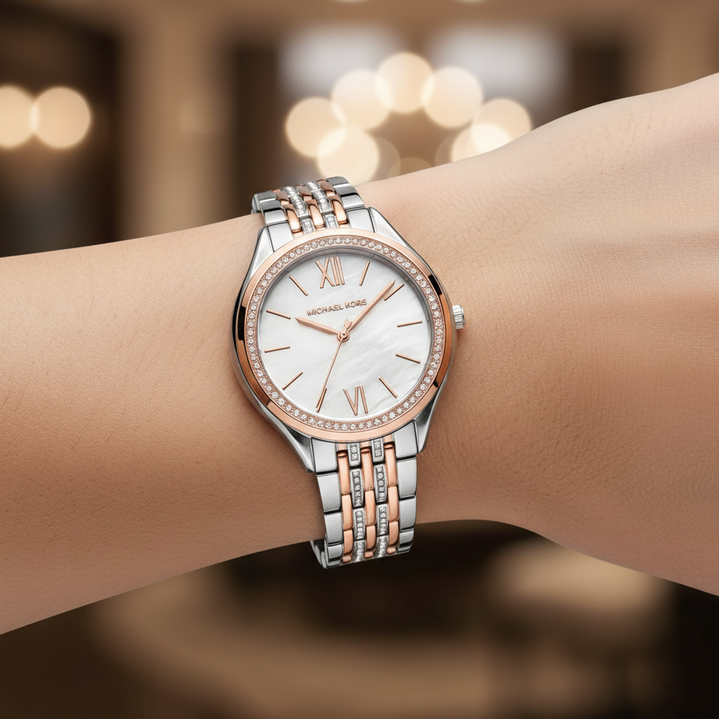 Michael Kors Mindy MK7077 Women’s Mother of Pearl Dial Two-Tone Bracelet Multi-Function Watch