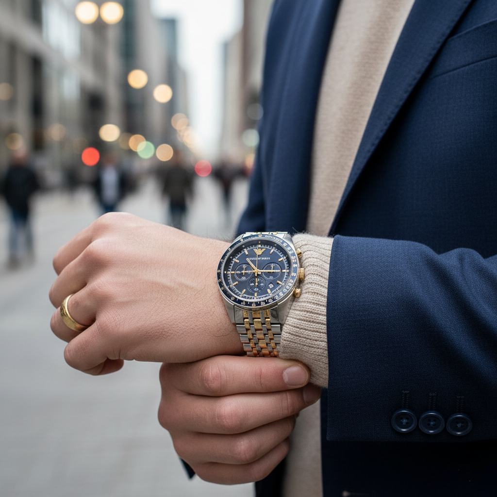 Emporio Armani AR6088 Men’s Blue Dial Two-Tone Stainless Steel Chronograph Watch