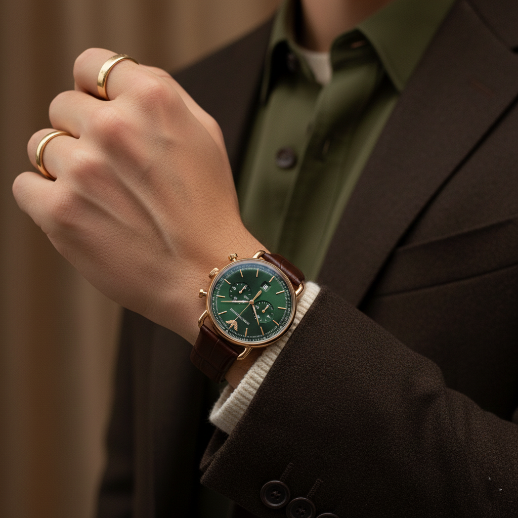 Emporio Armani AR11334 Men’s Green Dial Brown Leather Aviator Chronograph Watch