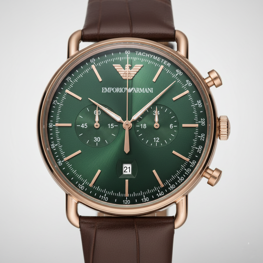 Emporio Armani AR11334 Men’s Green Dial Brown Leather Aviator Chronograph Watch