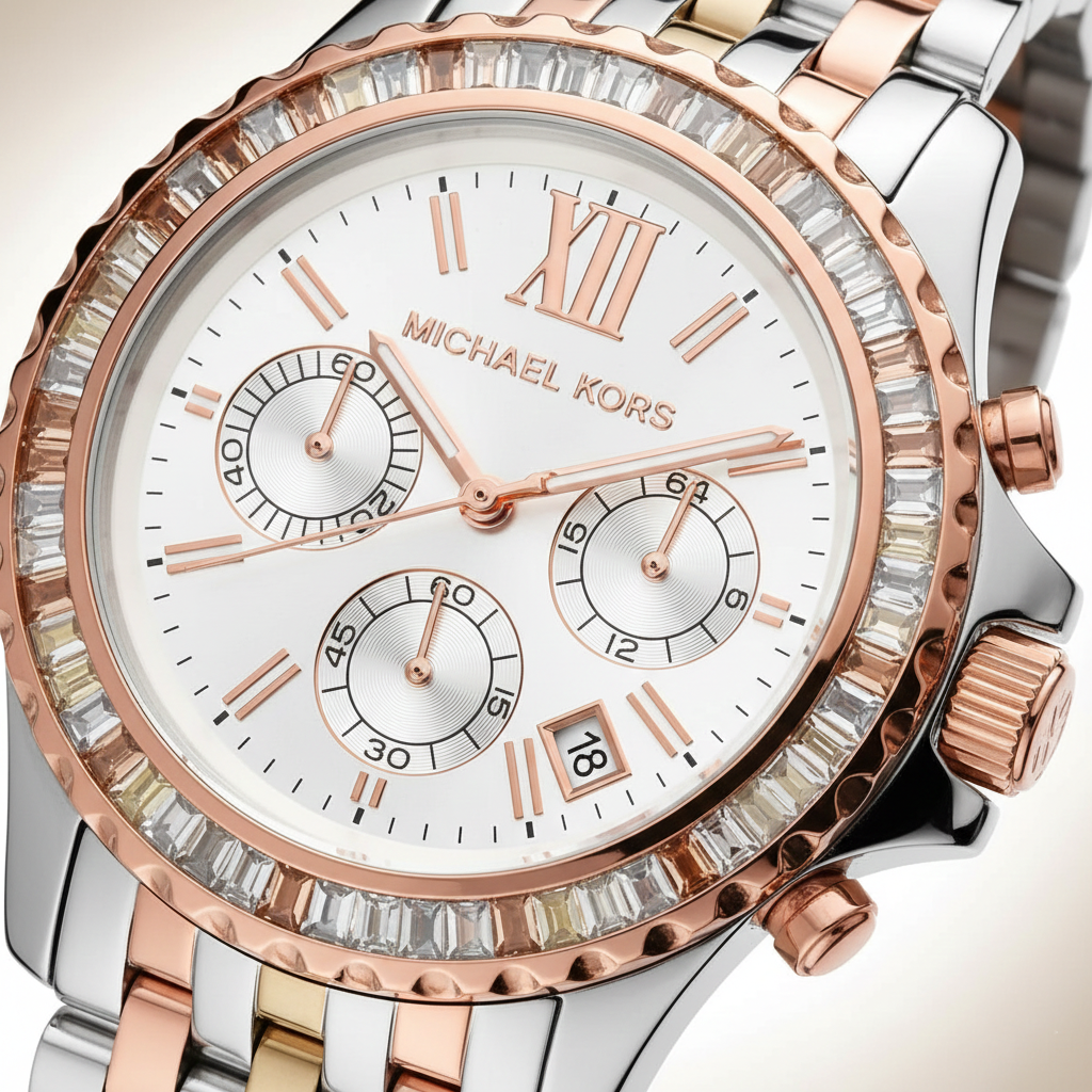 Michael Kors MK5876 Women’s Tri-Tone Baguette Bezel Chronograph Watch