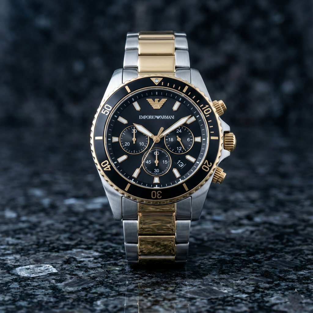 Emporio Armani World Explorer AR11680 Men's Solar Chronograph Black Dial Two-Tone Luxury Watch