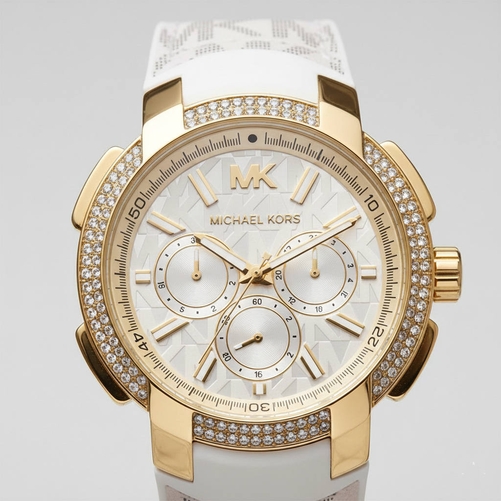 Michael Kors MK7221 Women’s White Dial White Logo Strap Gold-Tone Multi-Function Watch