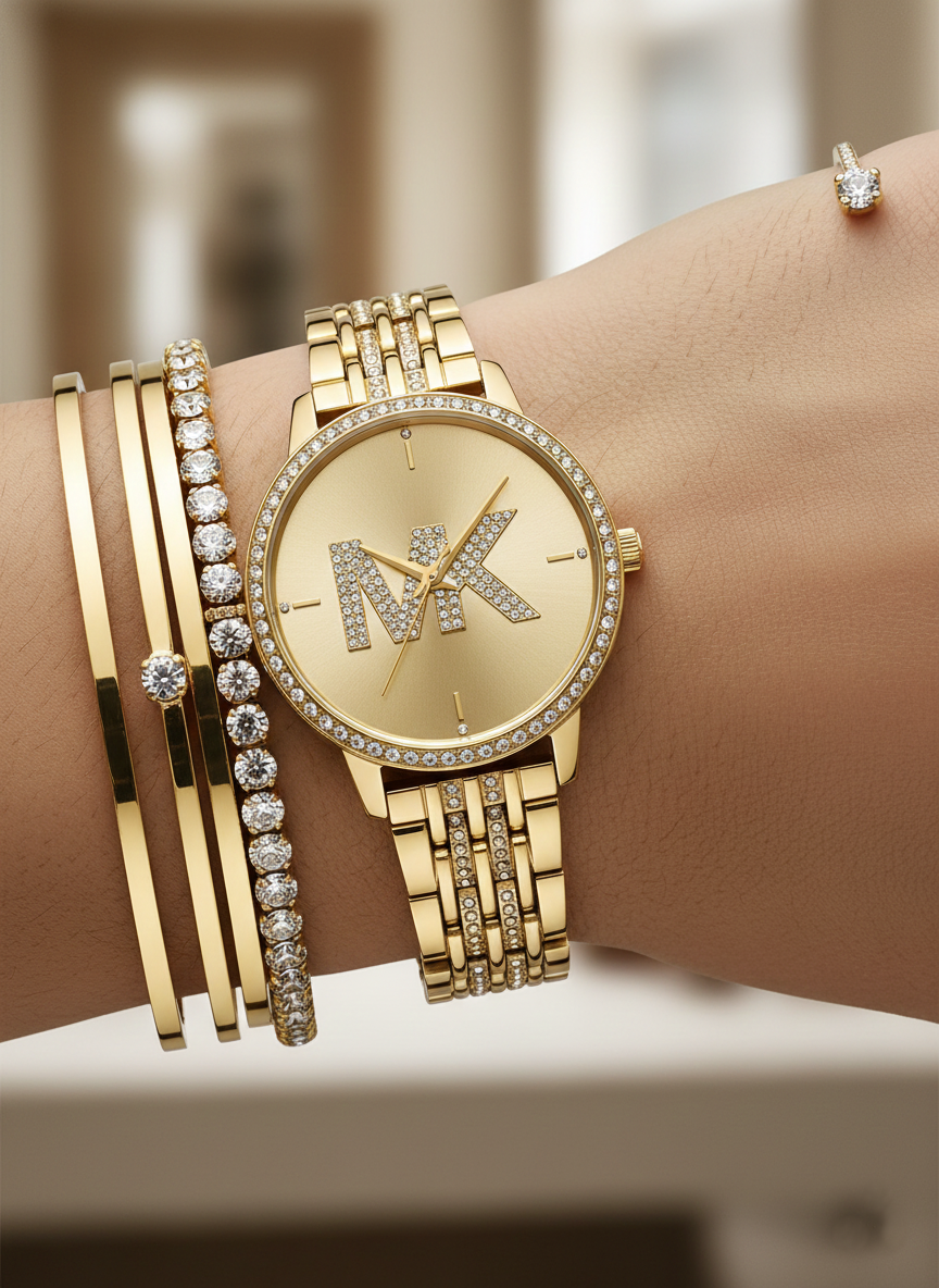 Michael Kors MK4371 Women’s Gold Dial Gold Stainless Steel Crystal MK Logo Watch
