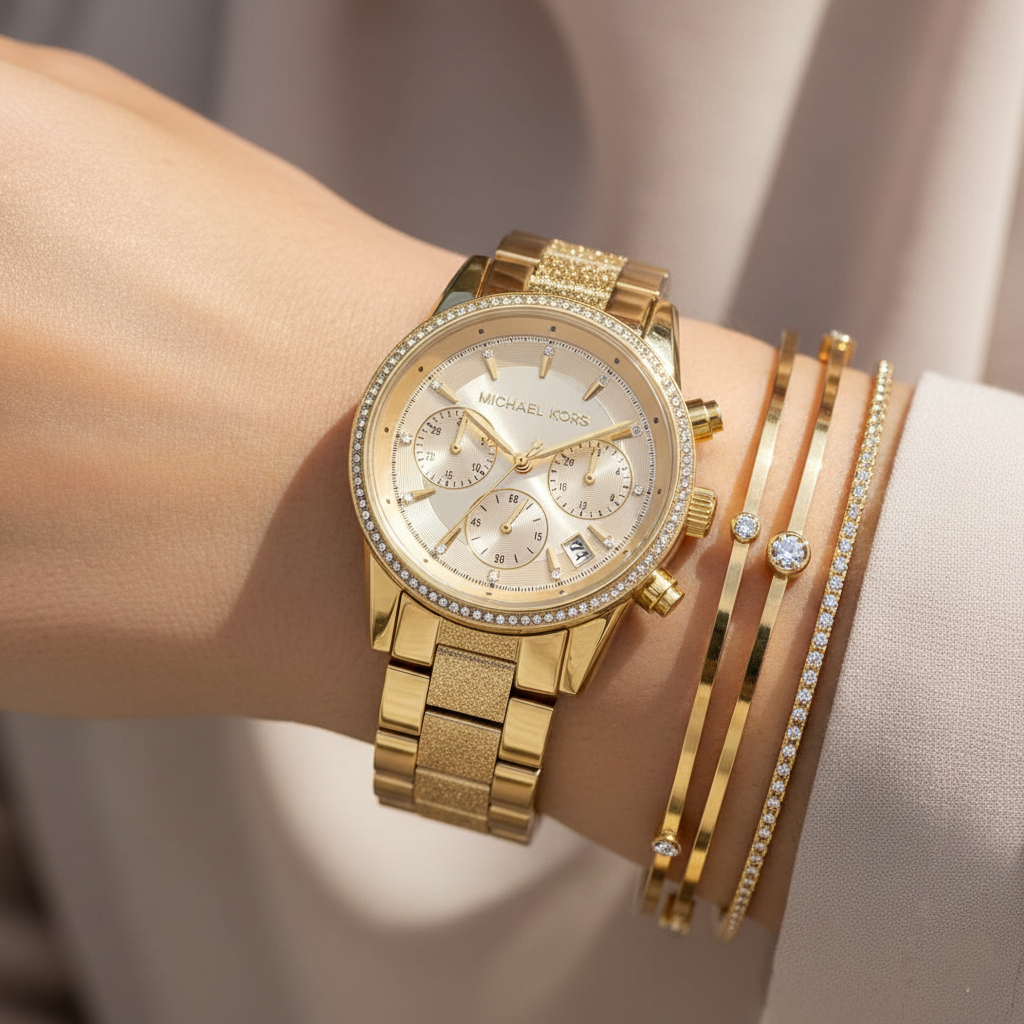 Michael Kors MK6597 Ritz Women’s Gold Dial Gold Stainless Steel Chronograph Watch