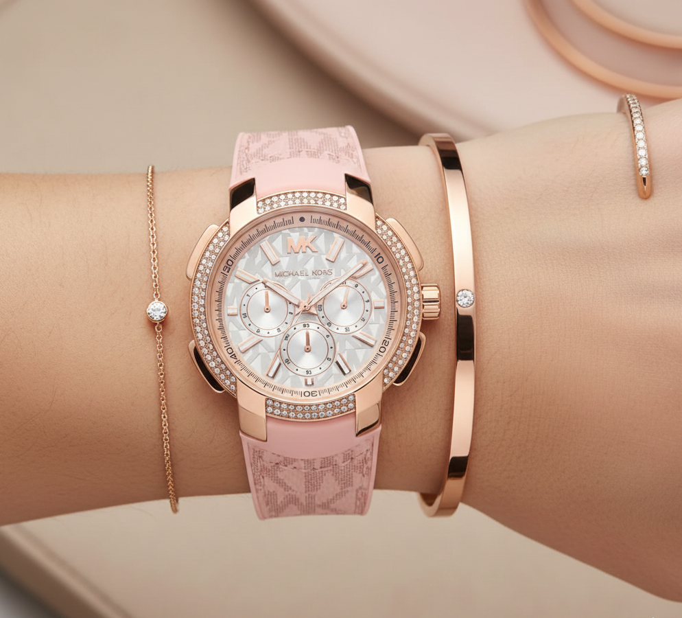 Michael Kors MK7222 Women’s White Dial Pink Logo Strap Rose Gold Multi-Function Watch