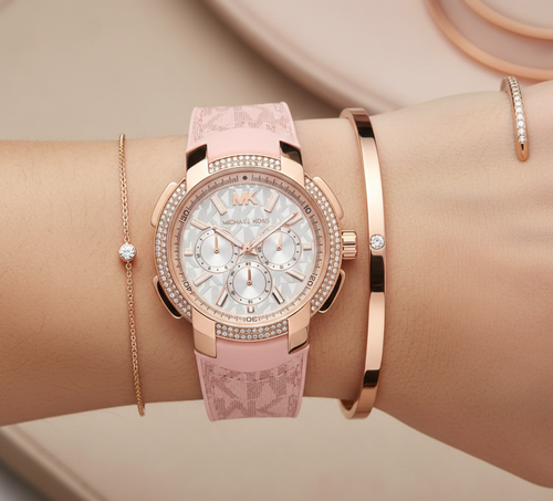 Michael Kors MK7222 Women’s White Dial Pink Logo Strap Rose Gold Multi-Function Watch