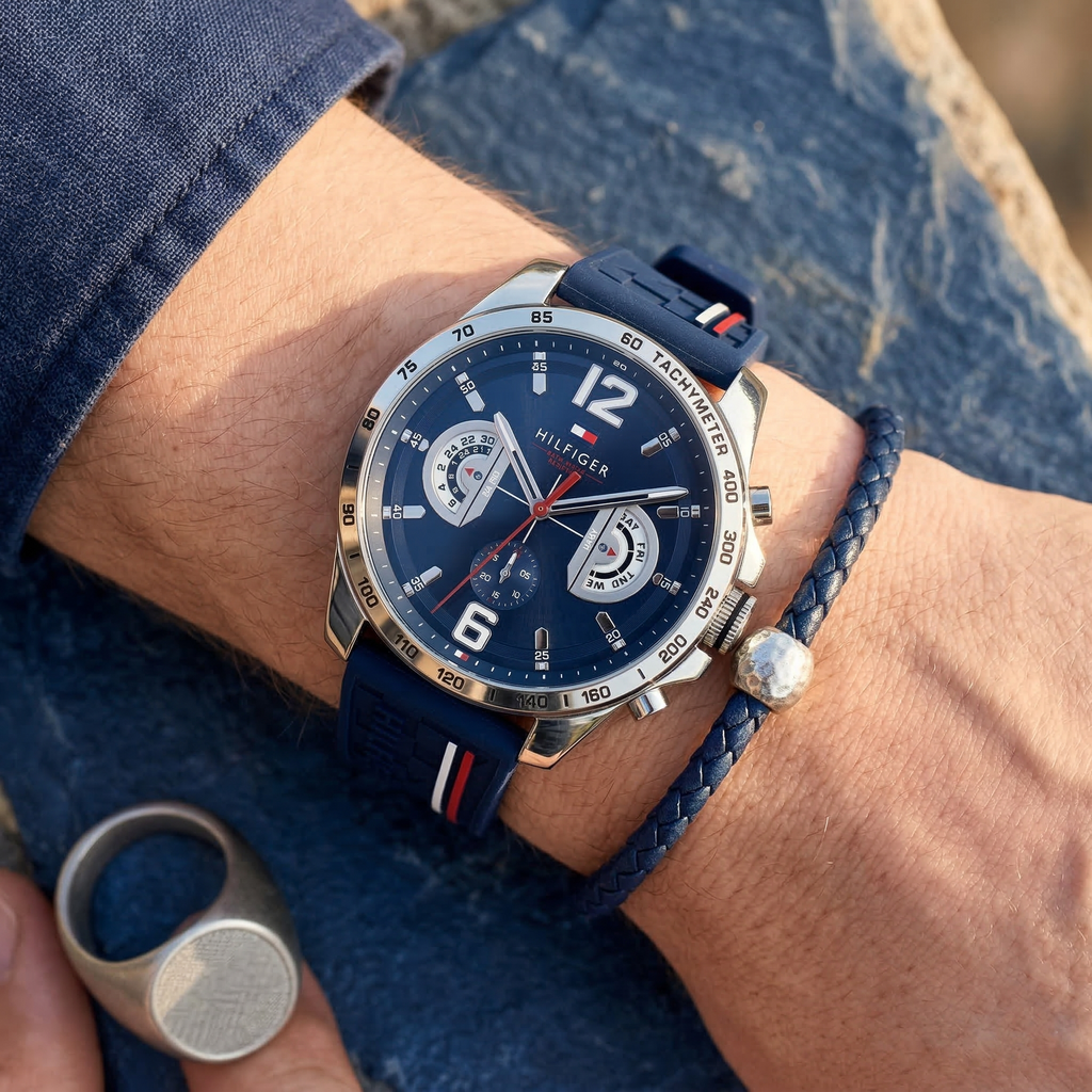 Tommy Hilfiger Decker 1791476 Silver Case Blue Dial Blue Rubber Men's Watch