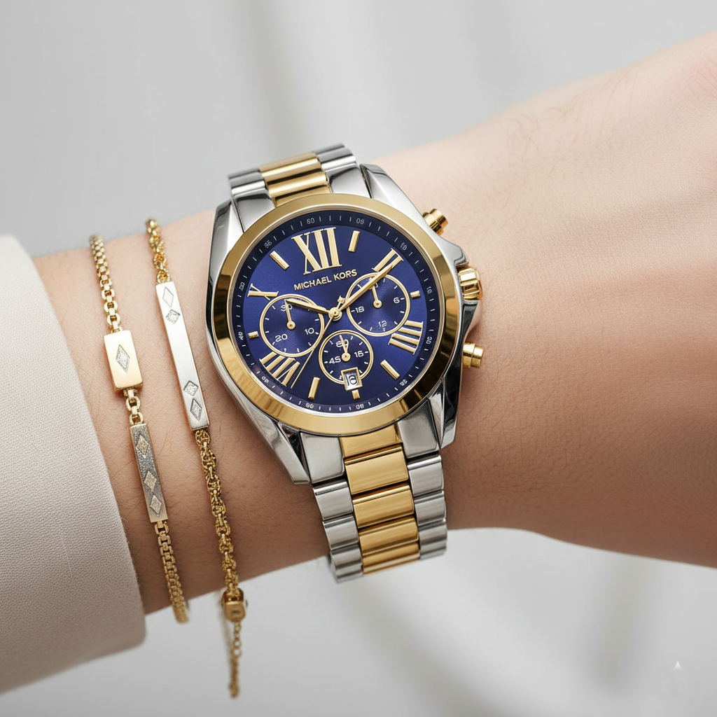 Michael Kors MK5976 Bradshaw Women’s Navy Dial Two-Tone Stainless Steel Chronograph Watch