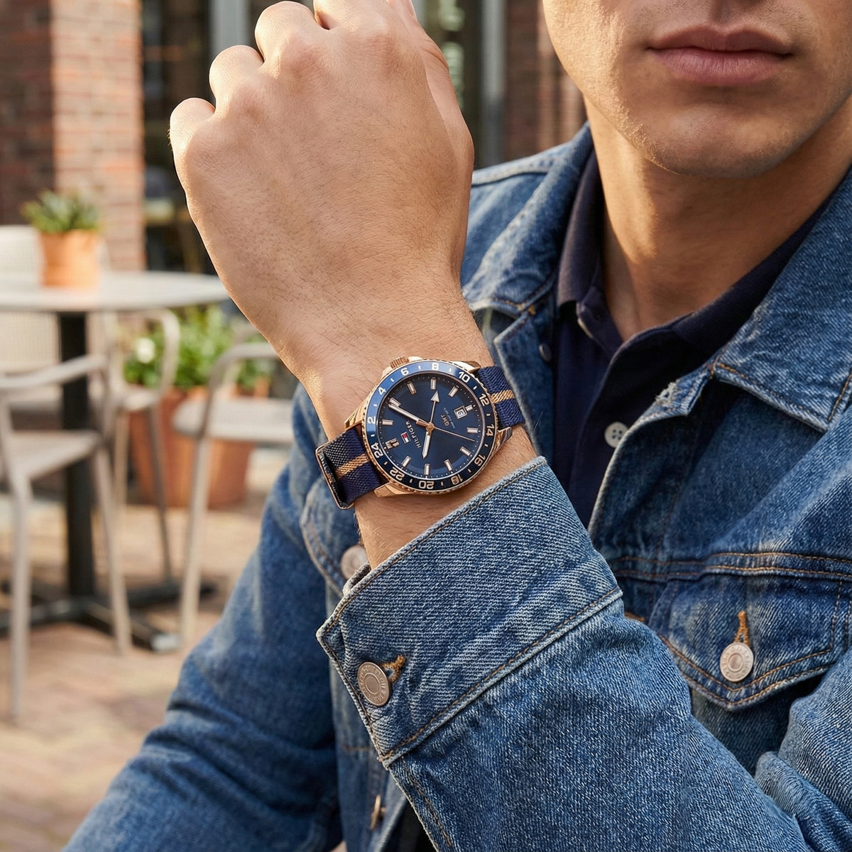 Tommy Hilfiger 1792130 Men’s GMT Watch – Blue Dial, Rose Gold Case & Navy Fabric Strap (200M Water Resistant)