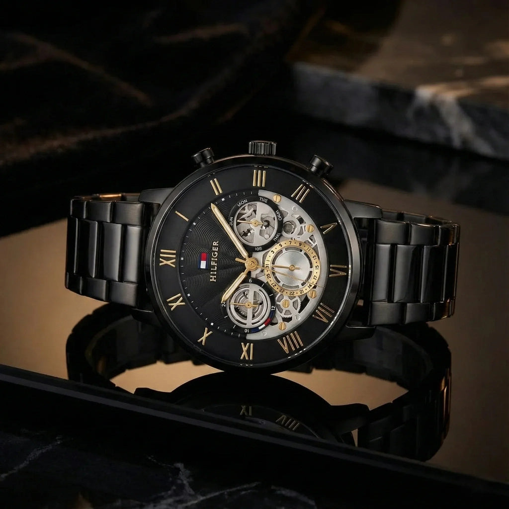 Tommy Hilfiger 1710706 Men’s Multi-Function Watch – Black & Gold Dial with Black Stainless-Steel Bracelet