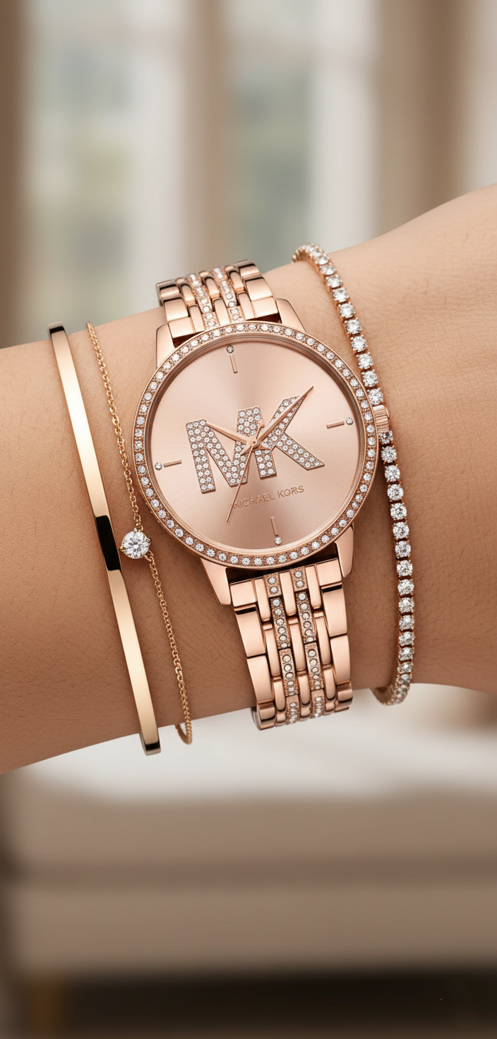 Michael Kors MK4372 Women’s Rose Gold Dial Rose Gold Stainless Steel Crystal MK Logo Watch