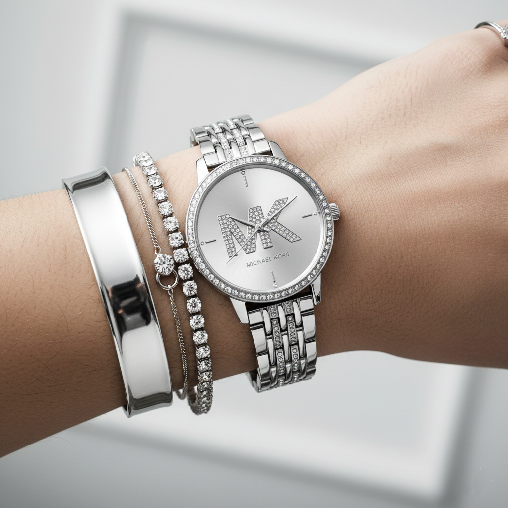 Michael Kors MK4370 Women’s Silver Dial Silver Stainless Steel Crystal MK Logo Watch