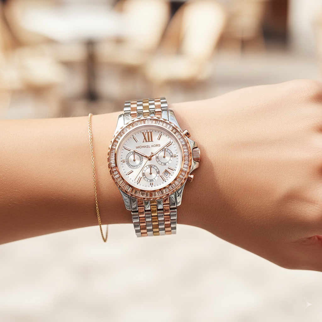 Michael Kors MK5876 Women’s Tri-Tone Baguette Bezel Chronograph Watch