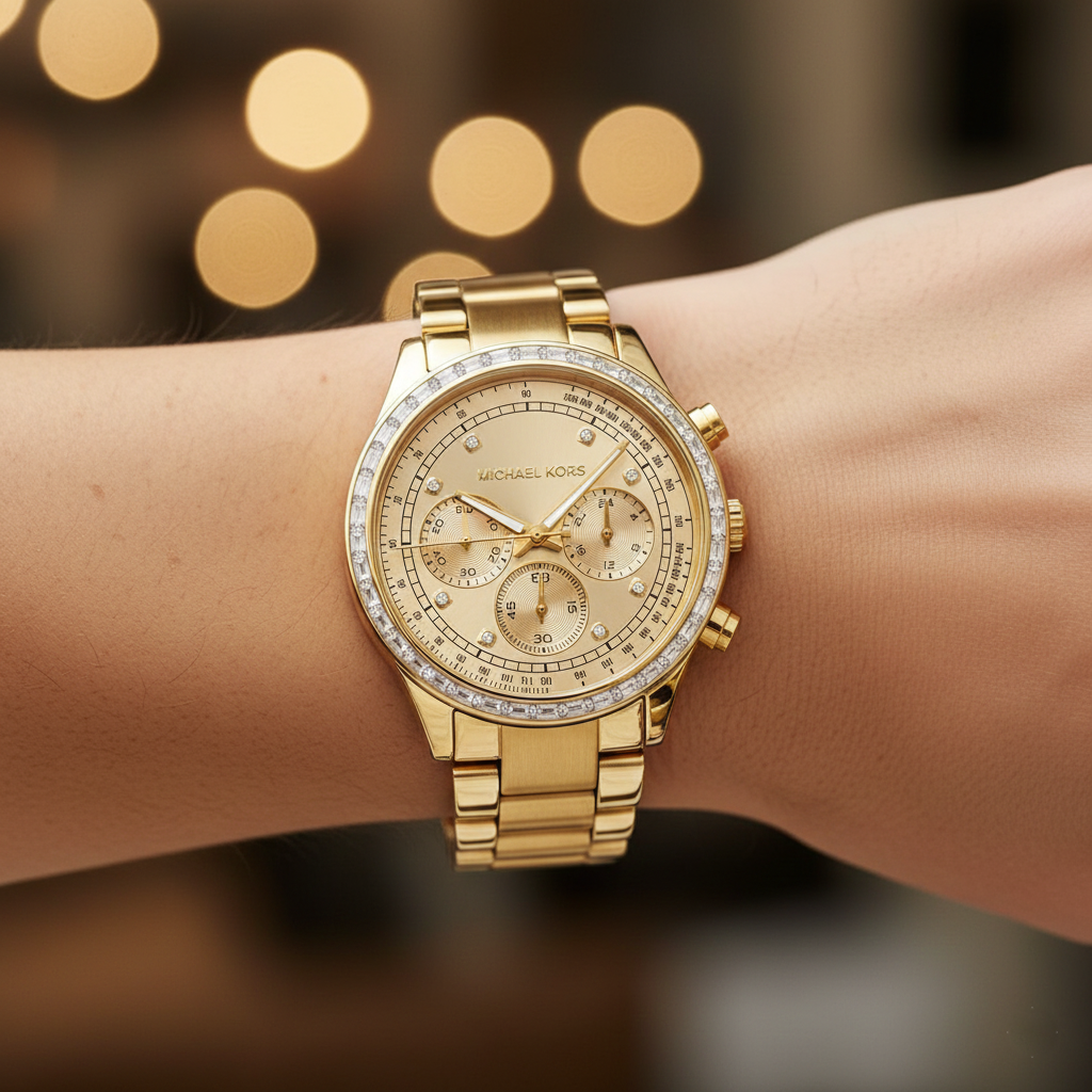 Michael Kors Brinkley MK6187 Women’s Gold Dial Gold-Tone Chronograph Watch