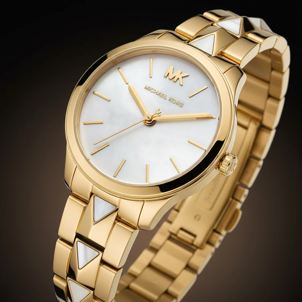 Michael Kors Runway MK6689 Women’s Gold Mother-of-Pearl Dial Pyramid-Link Bracelet Watch