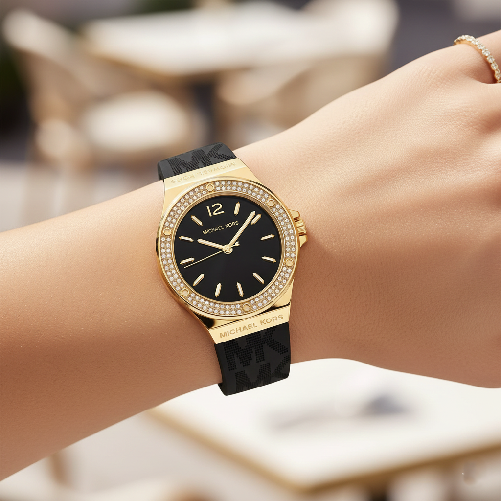 Michael Kors Lennox MK7281 Women’s Gold Case Black Silicone Strap Analog Watch