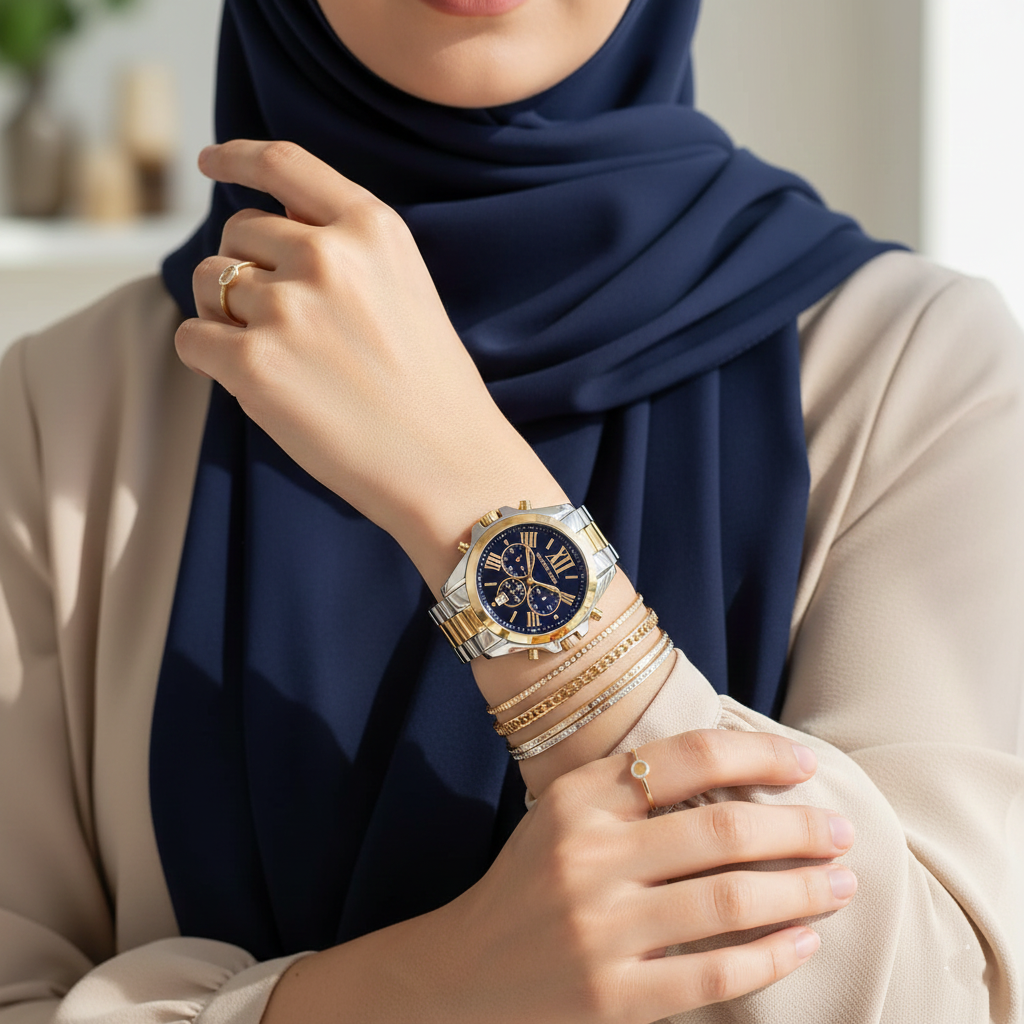 Michael Kors MK5976 Bradshaw Women’s Navy Dial Two-Tone Stainless Steel Chronograph Watch