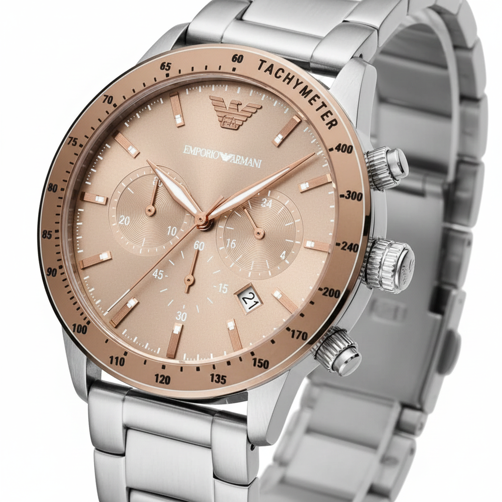 Emporio Armani AR11352 Men’s Champagne Dial Stainless Steel Mario Chronograph Watch