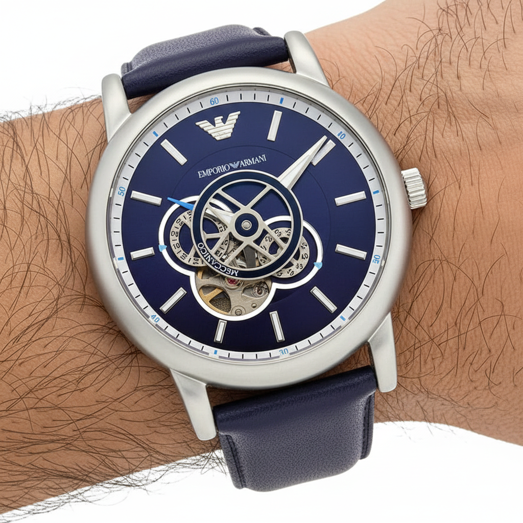 Emporio Armani Luigi AR60011 Meccanico Automatic Open-Heart Blue Leather Watch