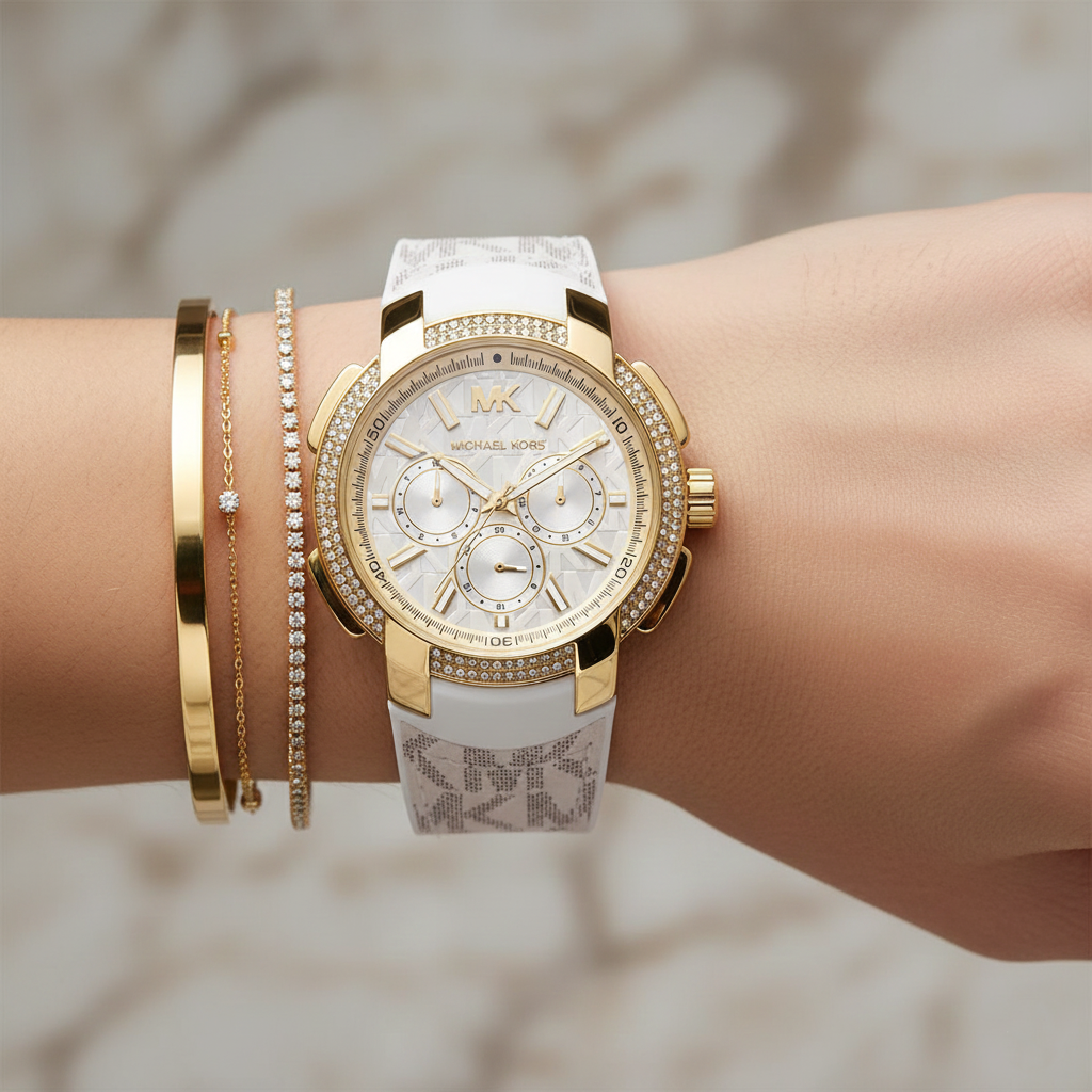 Michael Kors MK7221 Women’s White Dial White Logo Strap Gold-Tone Multi-Function Watch