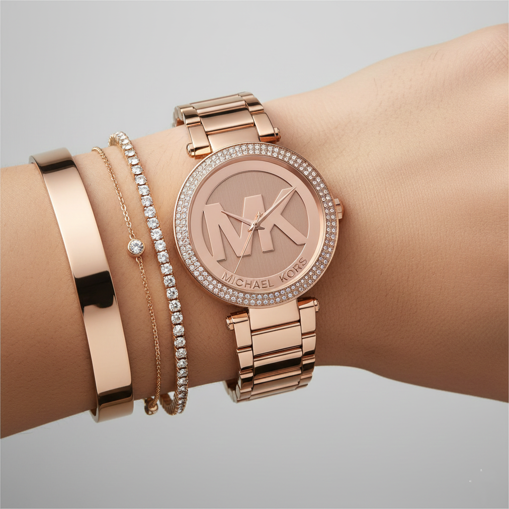 Michael Kors MK5865 Women’s Rose Gold Dial Rose Gold Stainless Steel Crystal MK Logo Watch