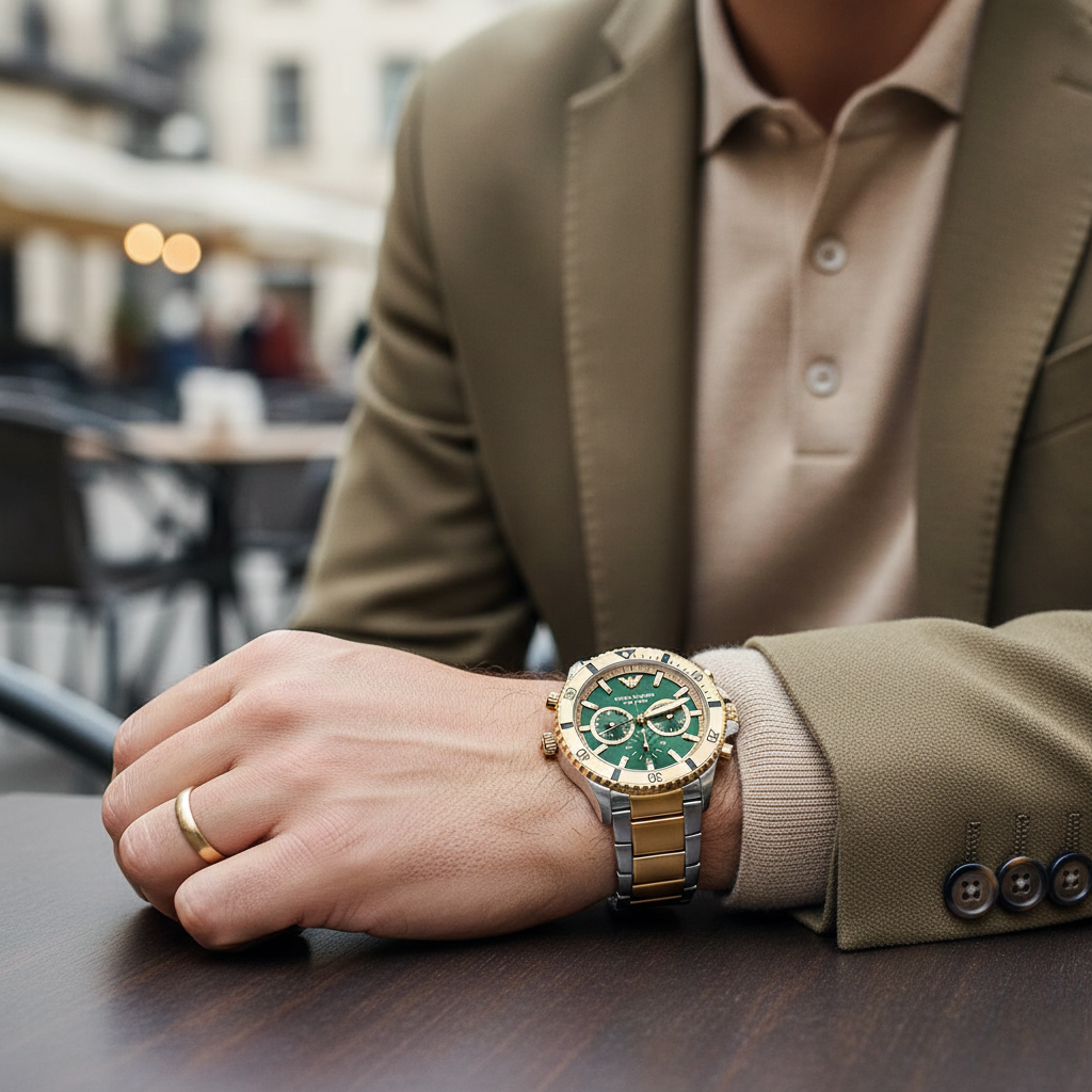Emporio Armani AR11586 Men’s Green Dial Two-Tone Stainless Steel Diver Chronograph Watch