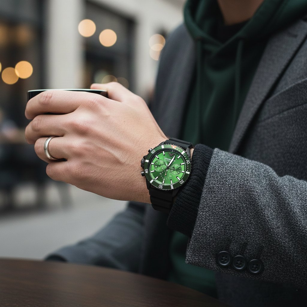 Emporio Armani AR11463 Men’s Green Dial Silicone Strap Diver Chronograph Watch