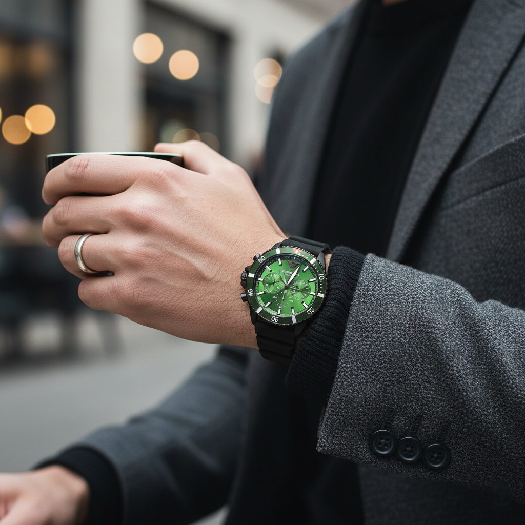 Emporio Armani AR11463 Men’s Green Dial Silicone Strap Diver Chronograph Watch