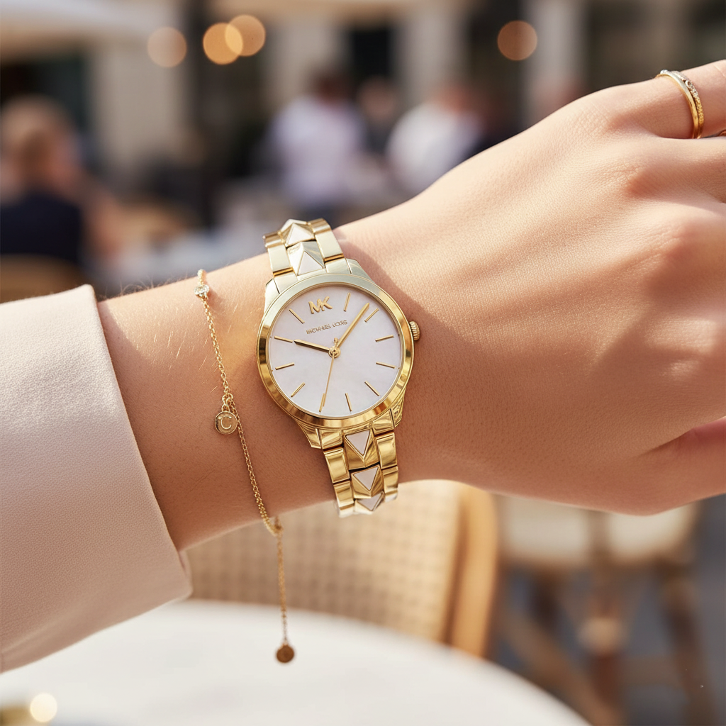 Michael Kors Runway MK6689 Women’s Gold Mother-of-Pearl Dial Pyramid-Link Bracelet Watch