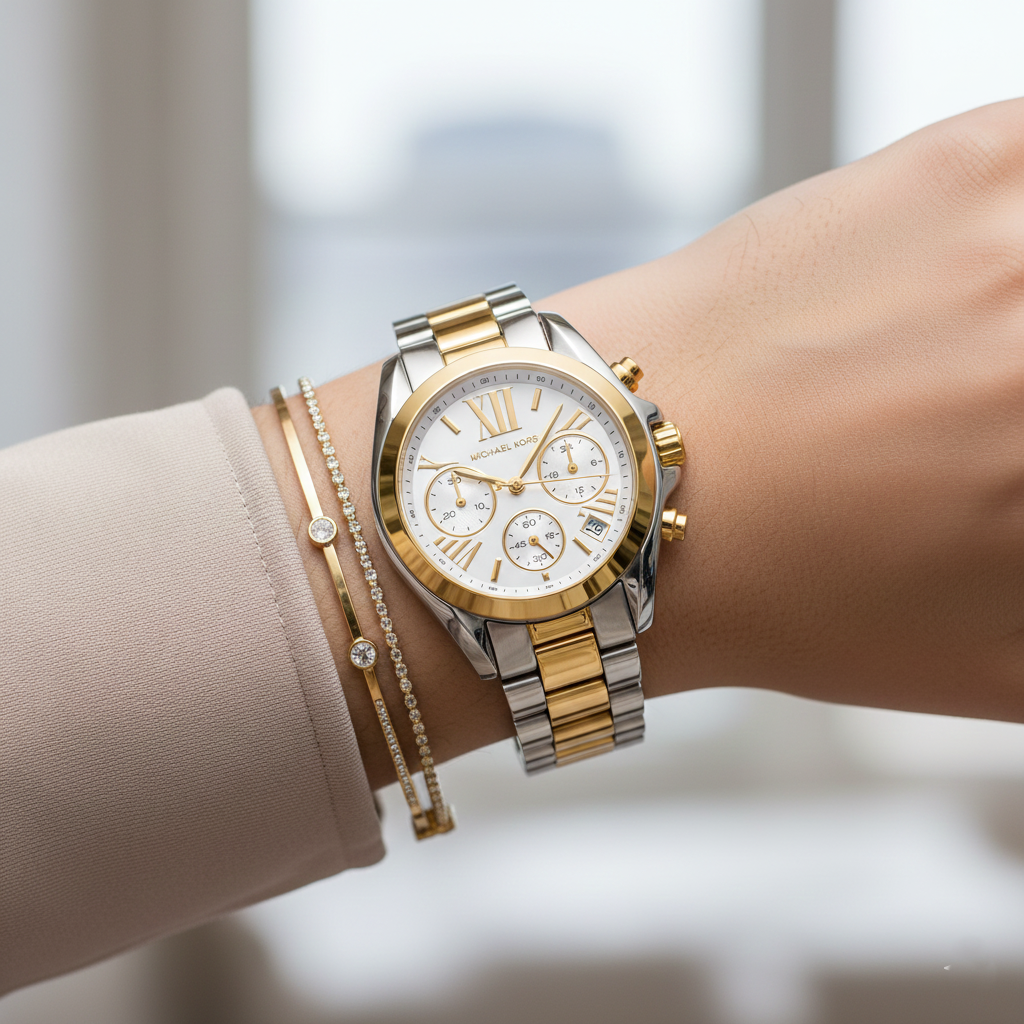 Michael Kors MK5974 Bradshaw Women’s White Dial Two-Tone Stainless Steel Chronograph Watch