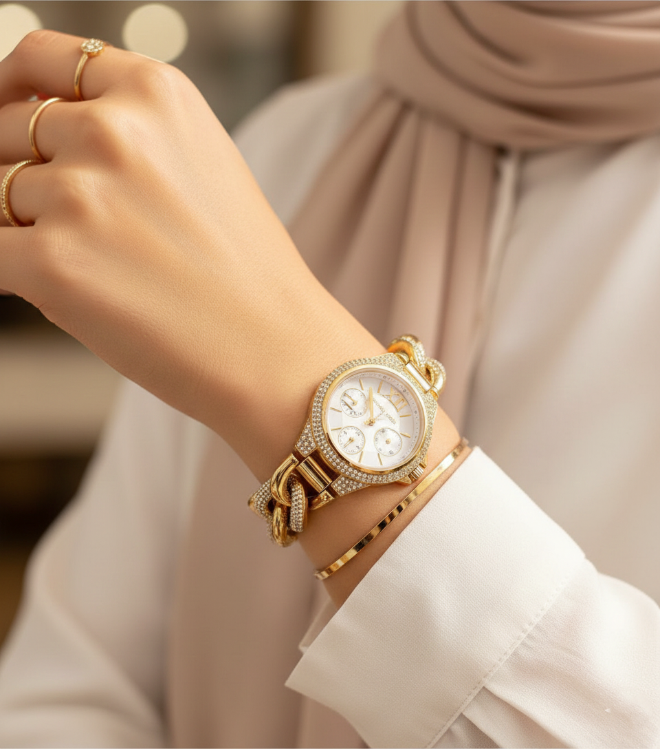 Michael Kors MK6842 Women’s Gold Mini Camille Crystal Chain-Link Watch