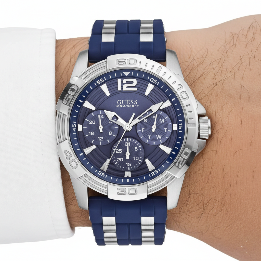 Guess Oasis W0366G2 Men's Silver & Blue Rubber Strap Watch