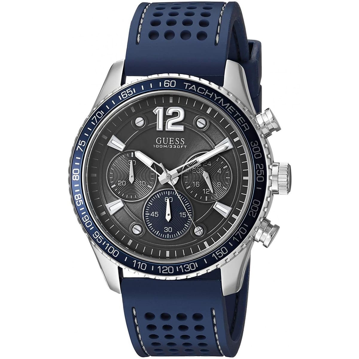 Guess Fleet W0971G2 Silver Case Blue Bezel Rubber Chronograph Watch