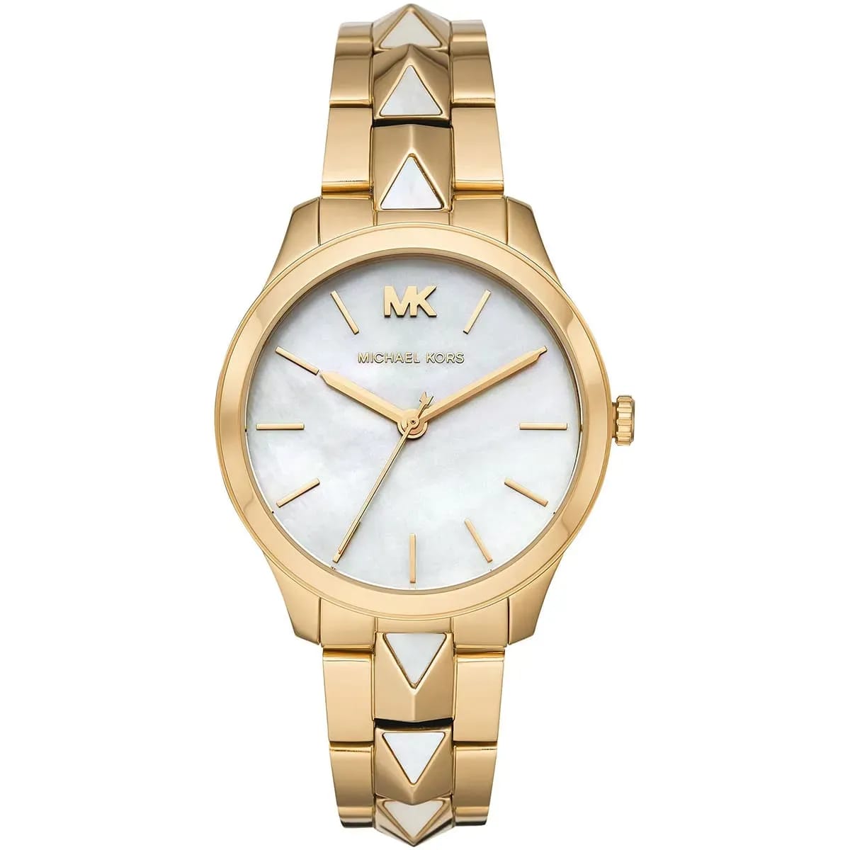 Michael Kors Runway MK6689 Women’s Gold Mother-of-Pearl Dial Pyramid-Link Bracelet Watch