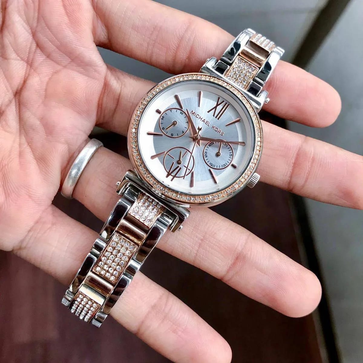 Michael Kors MK4353 Sofie Women’s Silver Rose Gold Chronograph Crystal Watch