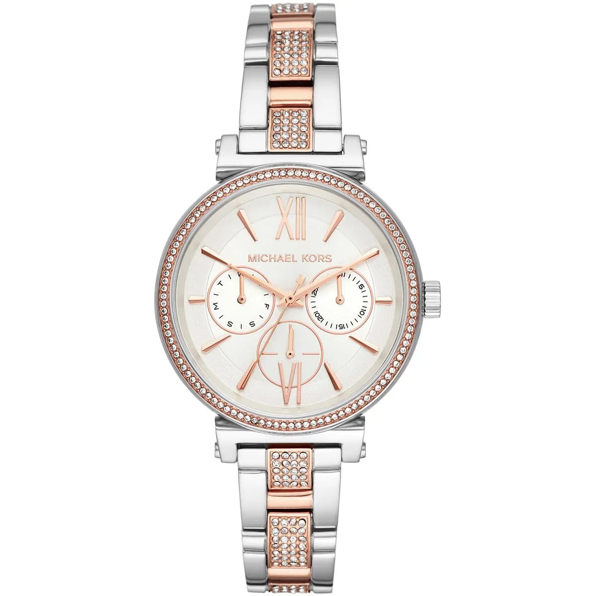 Michael Kors MK4353 Sofie Women’s Silver Rose Gold Chronograph Crystal Watch