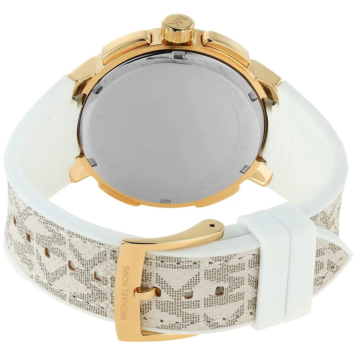 Michael Kors MK7221 Women’s White Dial White Logo Strap Gold-Tone Multi-Function Watch