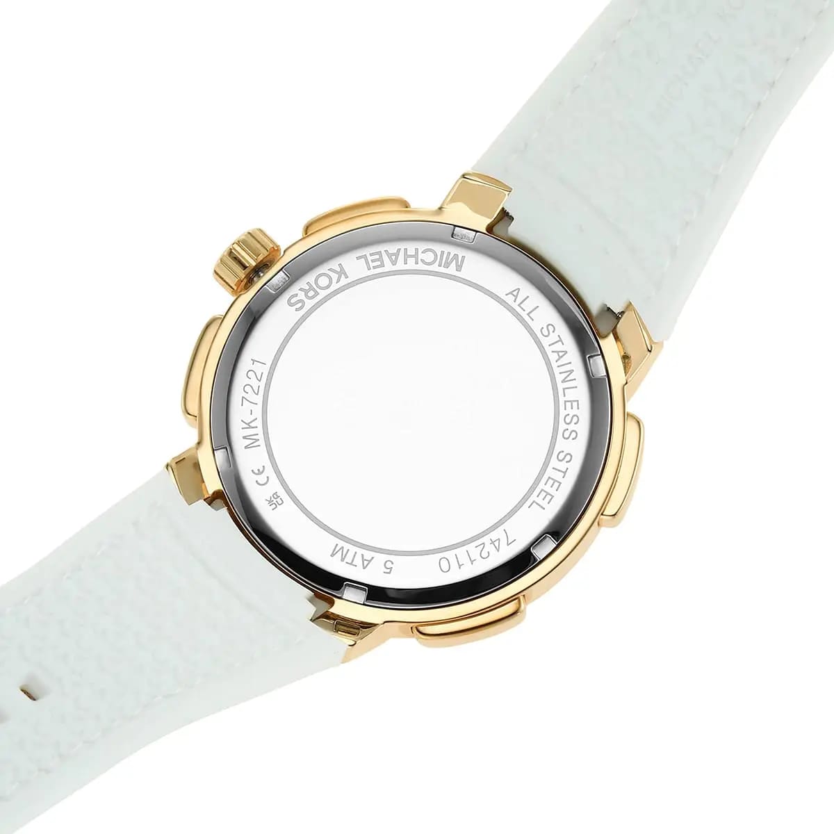 Michael Kors MK7221 Women’s White Dial White Logo Strap Gold-Tone Multi-Function Watch
