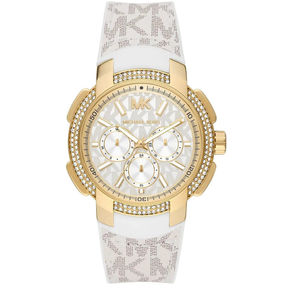 Michael Kors MK7221 Women’s White Dial White Logo Strap Gold-Tone Multi-Function Watch